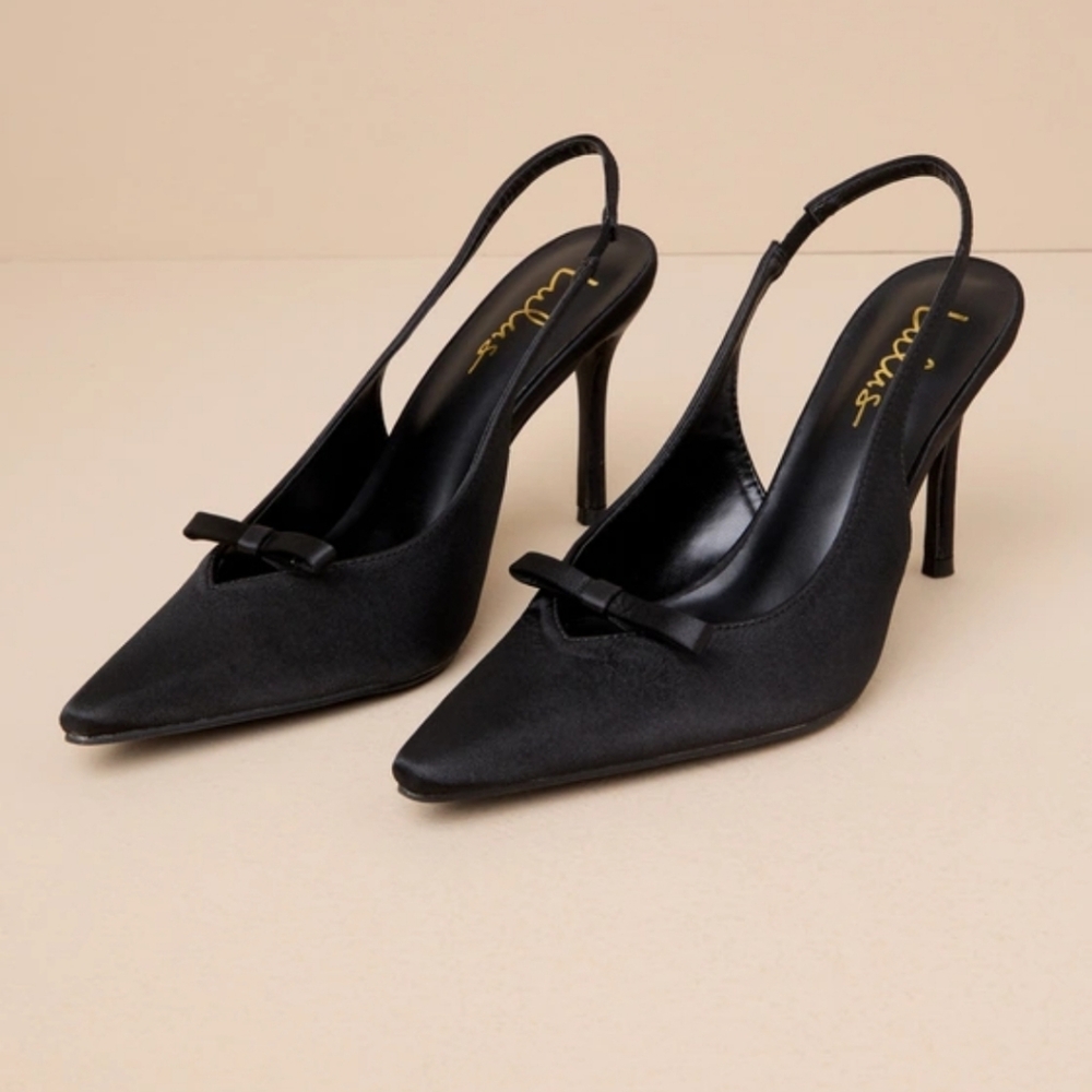 Lulus Alaster Black Satin Bow Pointed-toe Slingback Pumps - Size 9